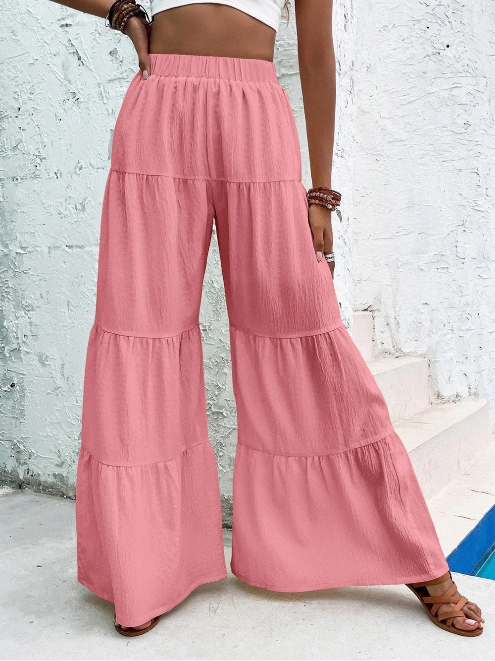 SHEIN Pink Wide Leg Tiered Pants